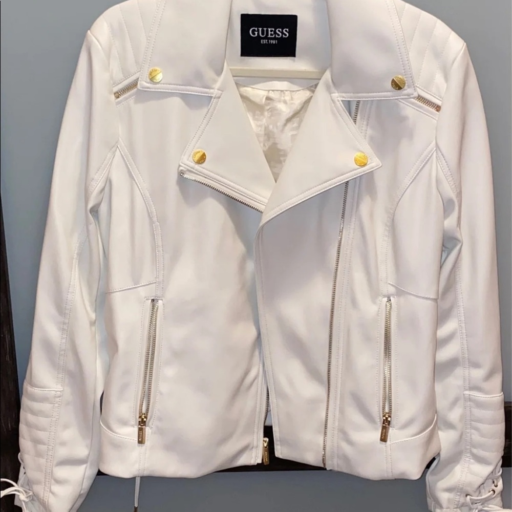 Guess White Leather Jacket with Gold Accents